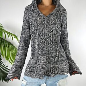 Vintage Y2K Roxy Gray Knit Granola Girl Beachy Hooded Pullover Sweater / XL